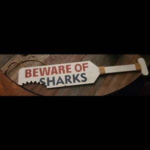 🦈Beware of Sharks" Saw Sign - Beach/Coastal DecorWooden Paddle with Rope Handle
